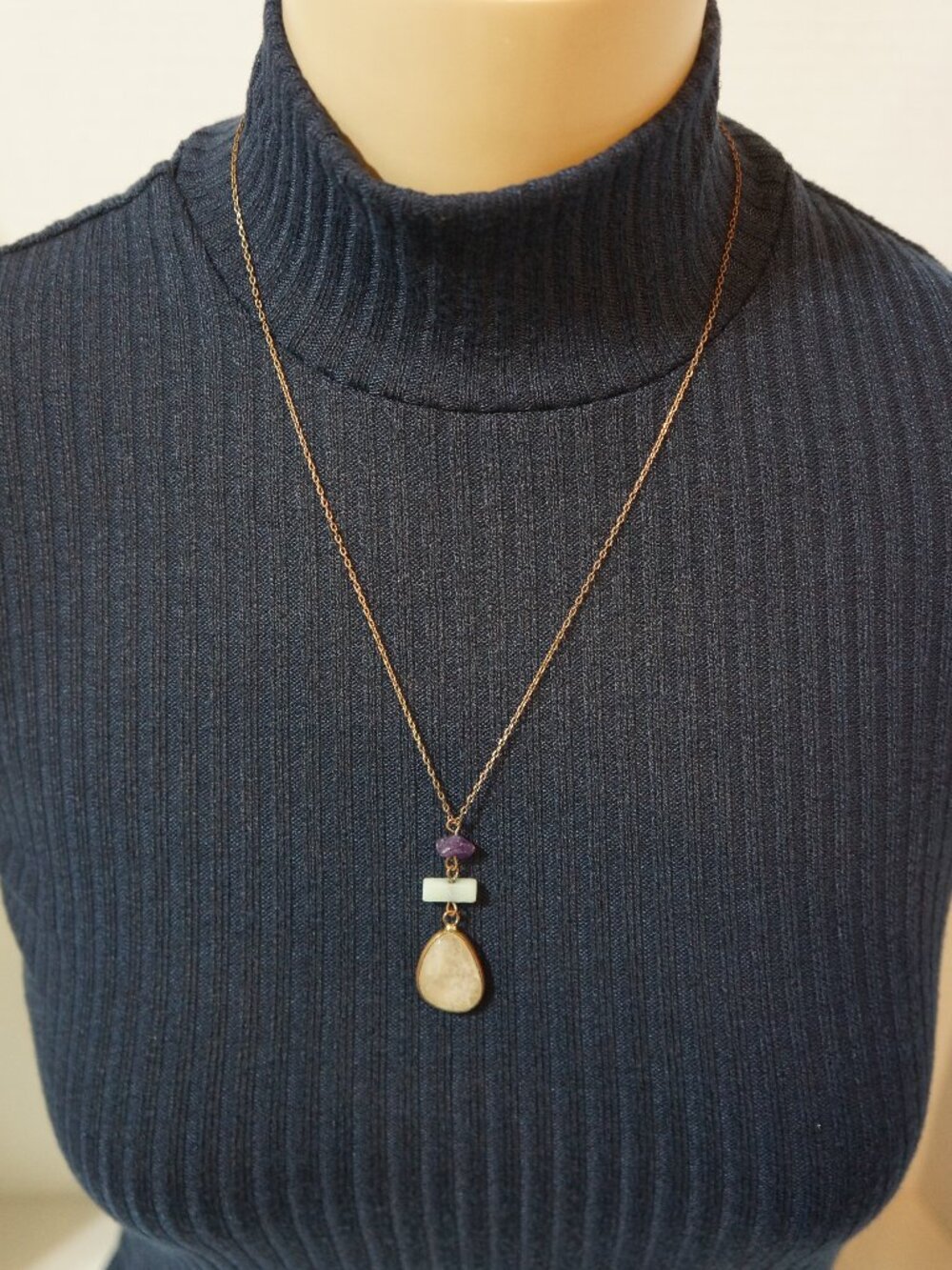 Handmade Boho Multi Gemstone Tiered Pendant Necklace Amethyst Quartz 24"